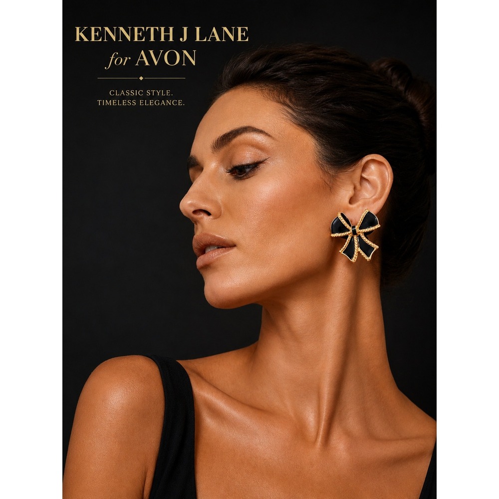 Kenneth Jay Lane for Avon Black Enamel Gold Tone Rope Bow Stud Earrings Vintage
